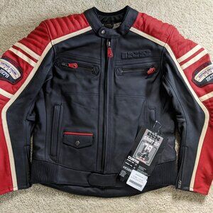 iXS Curtis Motorcycle Jacket Mens 40 Black & Red Leather Moto Biker Vintage Look